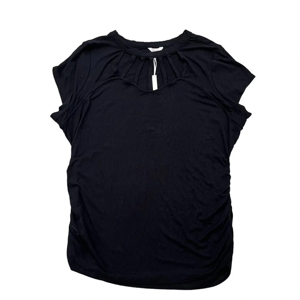 NWT Candies Black Ribbed Cage Neck Ruched Tee Shirt 3X